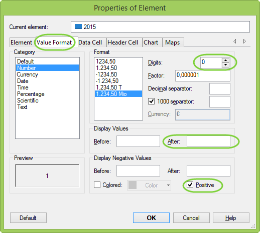 Value Format settings